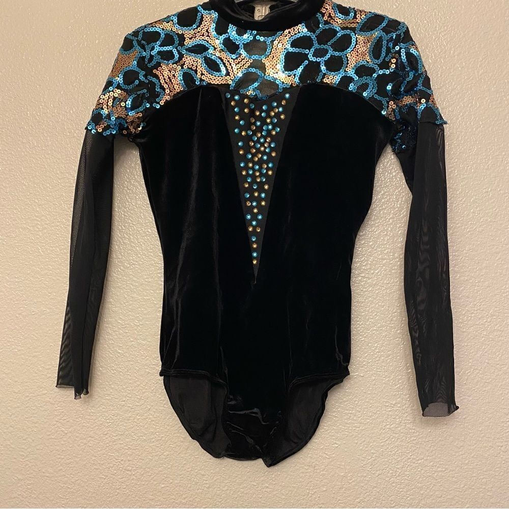 Glamour dance costume leotard black blue sequin stone mesh velvet LC large child